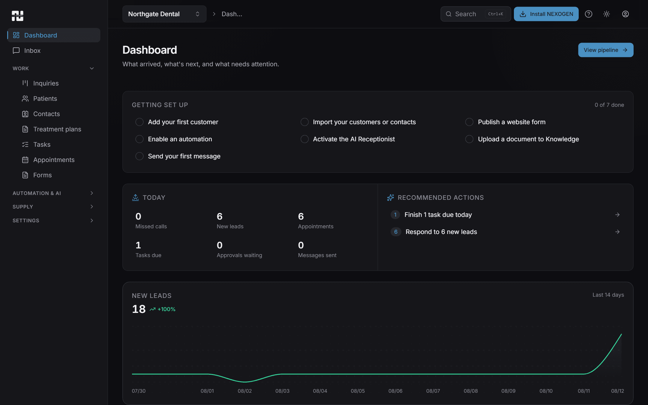 The NEXOGEN dashboard for a dental clinic, filled with sample data.