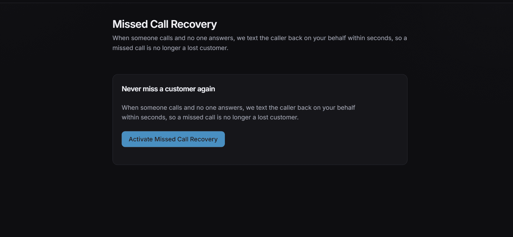 The Missed Call Recovery screen with a sample recovered call.