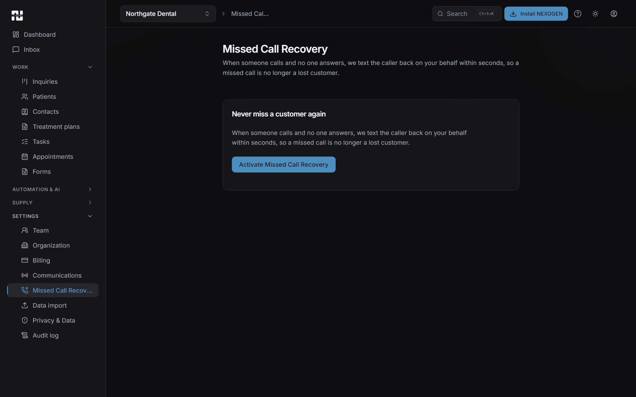 The Missed Call Recovery screen with a sample recovered call.